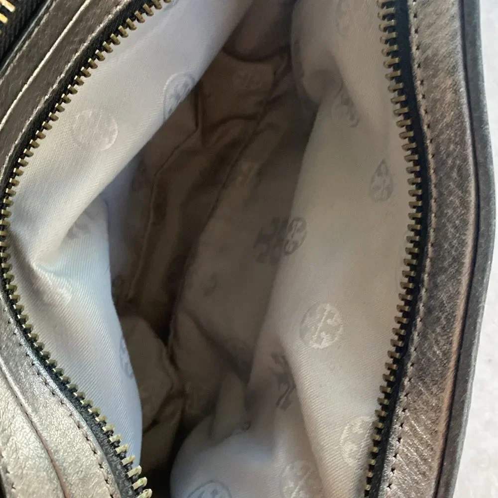 TORY BURCH Double Zipper Metallic Pebbled Leather Shoulder Bag